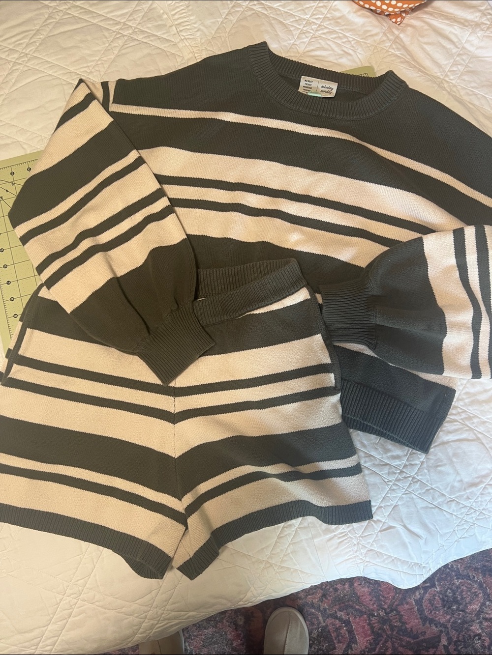 Striped Knit Lounge Set - Olive & Cream Sweater Top and Shorts
